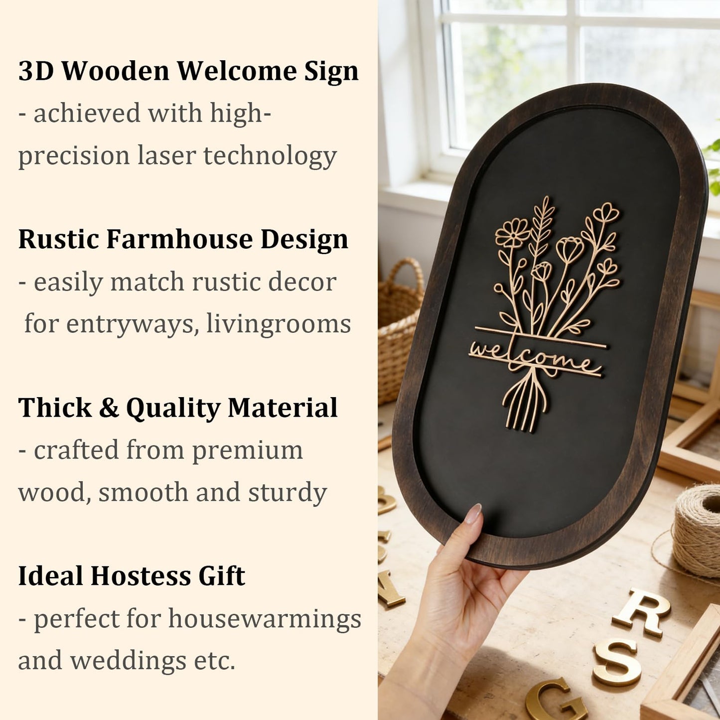 Welcome Sign for Front Porch, 3D Farmhouse Welcome Decor Rustic Wood Door Sign Distressed Home Wall Art with 3D Flower Patterns for Entryway Living Room Office Housewarming Decor