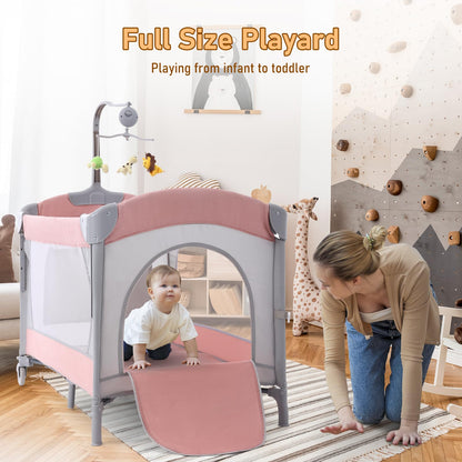 Jaoul 5 in 1 Baby Crib, Bassinet Beside Sleeper, Pack and Play with Bassinet and Changing Table Portable Travel Baby Playpen with Toys & Music Box, Mattress for Girl Boy Infant Newborn Pink