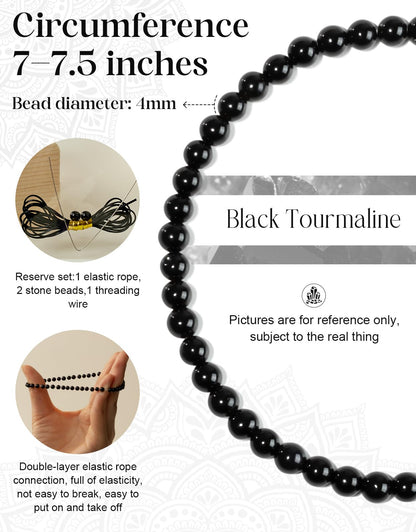 Landorilo Beaded Bracelet for Men Women, 4mm Natural Stone Black Tourmaline Healing Crystal Stretch Bracelets, Ideal Christmas Birthday Jewelry Gifts with Energy Card，Replacement Beads Included