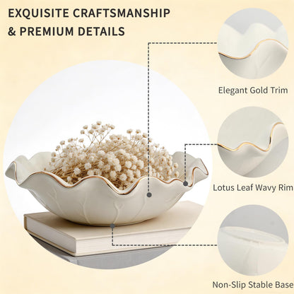 Afadorable 10 Inch White Shallow Handmade Ceramic Lotus Leaf Bowl with Gold Rim, Large Decorative Fruit Bowl for Kitchen Counter, Coffee Table Decor, Dining Table Centerpiece & Entryway Key Bowl