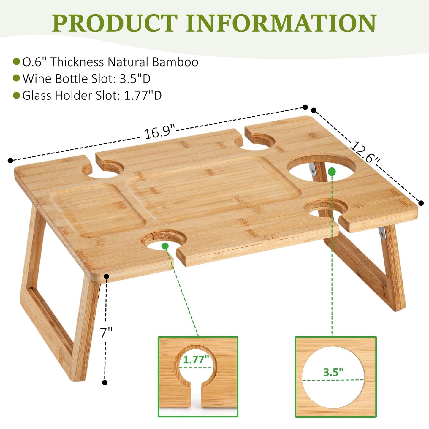 Peohud Portable Wine Picnic Table, Foldable Champagne Picnic Snack Table Tray, Wooden Outdoor Picnic Table with Glass Holder for Park, Beach, Camping, Bed, Wine Lover Gift