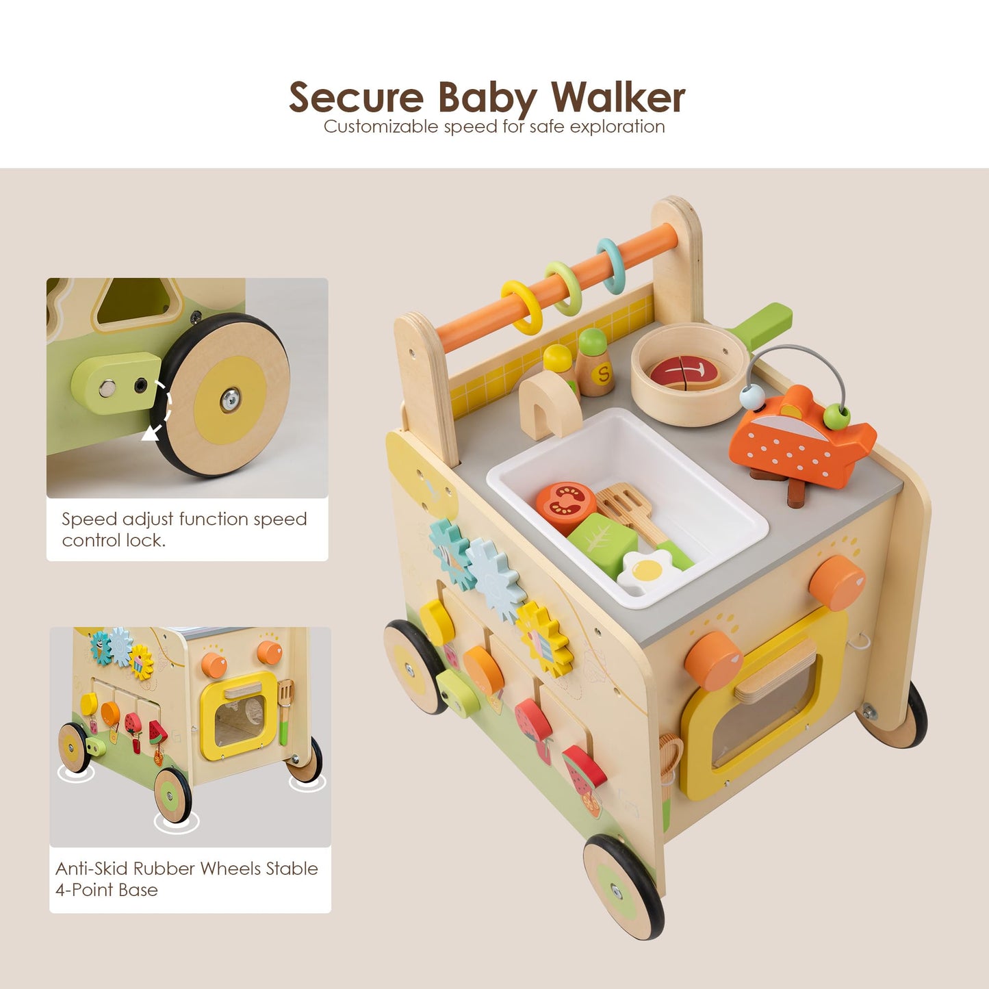 Wooden Baby Walker 3-in-1 Push Toy for Toddlers, Montessori Sensory Activity Center with Pretend Kitchen, Adjustable Speed Learning Walker, Safe Wooden Toy, Ideal Gift for Boys and Girls