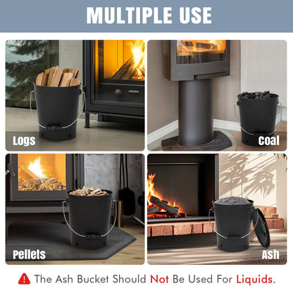 INNO STAGE Ash Bucket with Lid and Wood Handle Coal Shovel, Ash Carrier Pail Fireplace Tools,Fire Pit,Wood Burning Stove Black