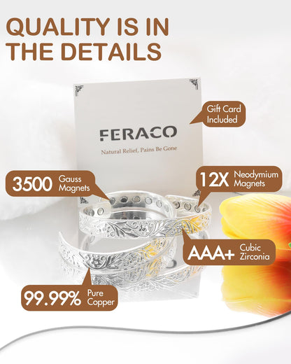 Feraco Copper Bracelet for Women, 12X Ultra Strength Magnetic Bracelets, 99.99% Pure Copper Cuff Bangle with 3500 Gauss Neodymium Magnets & Sparkling Cubic Zirconia, Silver