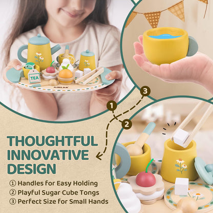 Tea Sets for Toddlers 3-5 Girl Birthday Gift 3 Year Old Princess Party Wooden Play Food Toy Sets for Kids Kitchen Accessories Age 3 4 5 6 Wood Educational Toys