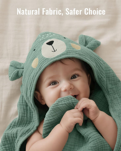 Blissful Diary Muslin Baby Hooded Towel 2 Pack, Soft & Absorbent Bath Towel for Infant, Toddler, Unisex, Baby Gift, Newborn Essentials, Bear & Giraffe