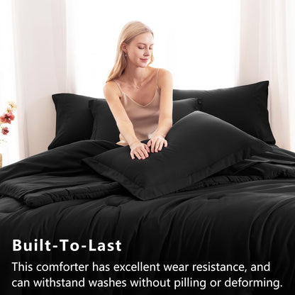 CozyLux Queen Comforter Set Black, 7 Pieces Bed in a Bag Soft Bedding Comforter Set with Sheets, All Season Boho 7PC Bed Sets with Comforter, Fitted Sheets, Flat Sheets, Pillow Shams and Pillowcases