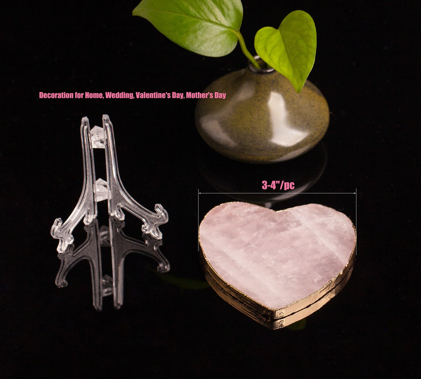 AMOYSTONE Large Heart Stone Rose Quartz Healing Crystals Birthday Gifts for Women, Natural Reiki Meditation Pink Crystal Gilded Edge Heart Shaped 3.5-4"/pc with Plastic Bracket