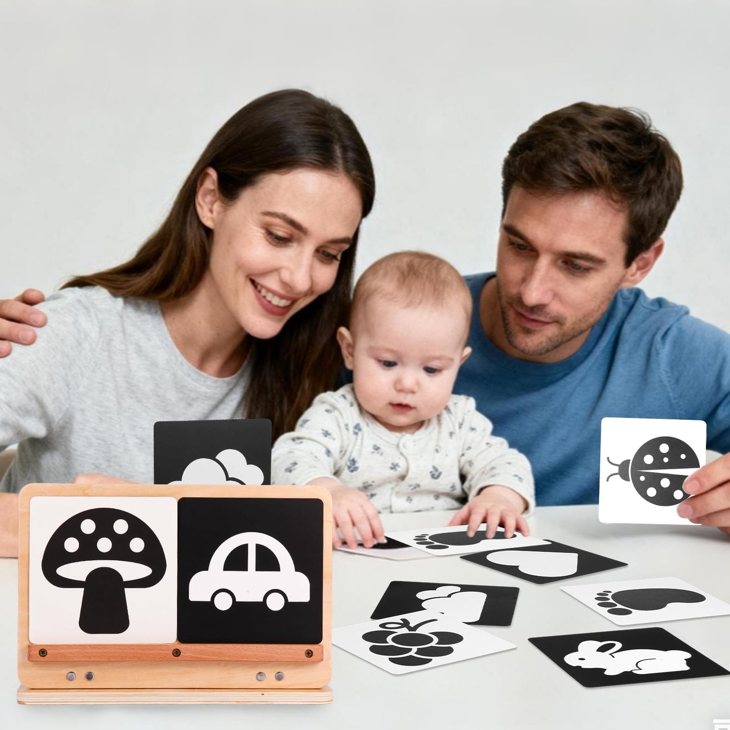 juhg Tummy Time Mirror Large Baby Mirror Toy and Card Display Stand with Black and White High Contrast Baby Cards Double-Sided Design Adjustable Angle Montessori Mirror
