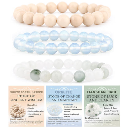 NCB 3-Piece 8mm Natural Crystal Gemstone Stretch Bracelets – ﻿Opalite, Tianshan Jade, White Fossil Jasper Handmade Reiki Energy Healing Jewelry for Meditation,Yoga, Unisex
