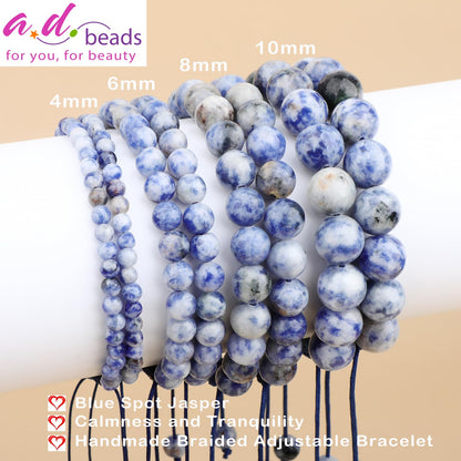 AD Beads 4mm Blue Spot Jasper - Calmness and Tranquility - Handmade Natural Stone Crystal Bracelet with Adjustable Macrame String - Yoga Healing Power Energy Gifts for Men and Women