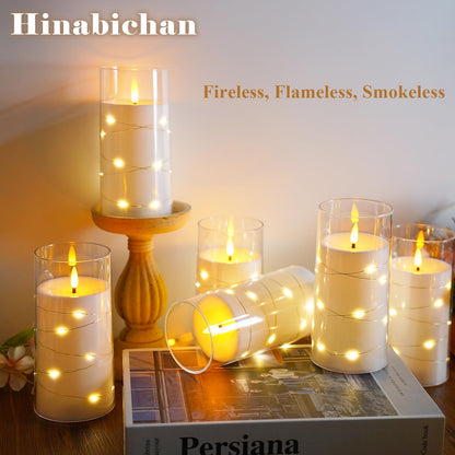 Hinabichan Flickering Flameless Candles with Remote Timer, 6pcs LED Battery Operated Candles with Embedded String Lights White, D3 H6