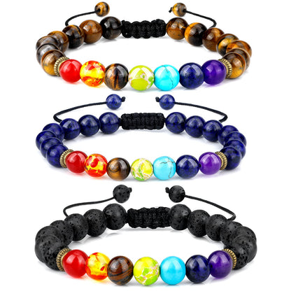 ONESING 3 Pcs Chakra Bracelets for Women Rock 7 Chakras Crystals and Healing Stones Bracelets 8mm Crystal Bracelet Yoga Beaded Bracelets Essential Oil Diffuser (Blue, brown)