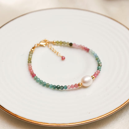 Gempires Watermelon Tourmaline Beaded Bracelet with Pearl Choker Crystal Jewelry Lightweight Colorful Gemstone Bracelets For Women Hypoallergenic 7.5 Inch Gold Plated Adjustable Chain