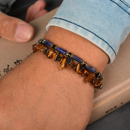 Casvia Men's Indigo Blue Stone Beaded Bracelet, Obsidian & Hematite, Stainless Steel Dual-Clasp, Adjustable, Durable Daily Wear, Azure Veil, Ideal Gift for Men Dad Boyfriend Son