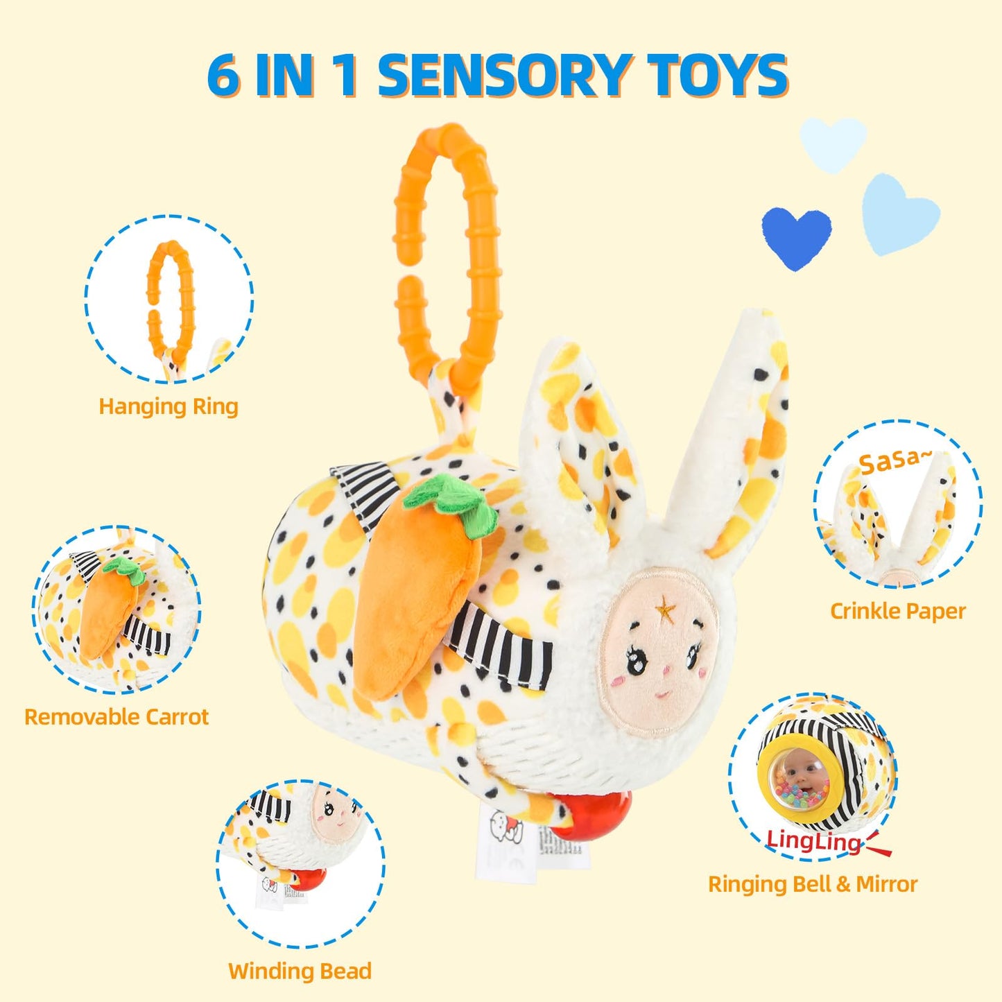 littlove Baby Car Seat Toys Hanging-Carseat Bunny Cube Toy, Infant Sensory Toys for 6 7 8 9 10 11 12 Months, Travel Activity with Rattle, Montessori Plush Newborn Girl Boy Gifts