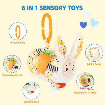 littlove Baby Car Seat Toys Hanging-Carseat Bunny Cube Toy, Infant Sensory Toys for 6 7 8 9 10 11 12 Months, Travel Activity with Rattle, Montessori Plush Newborn Girl Boy Gifts