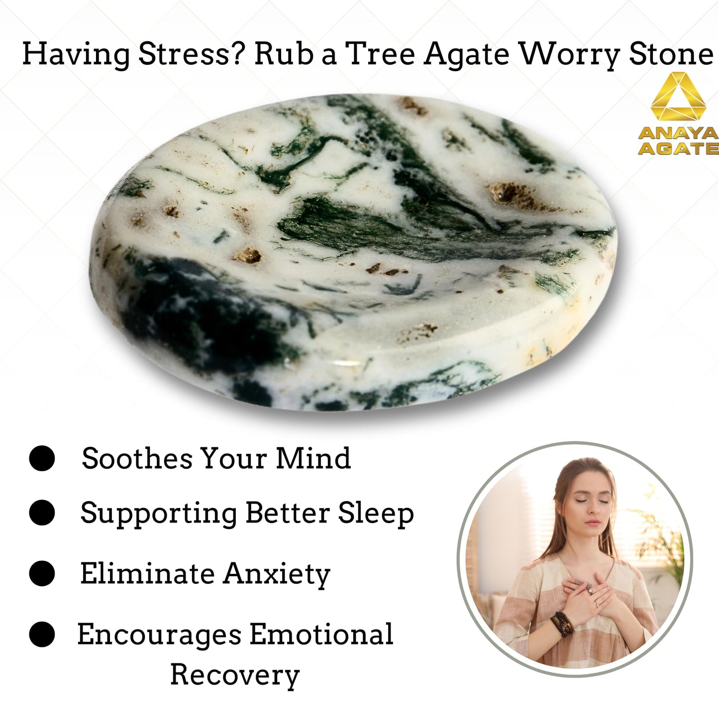 Anaya Agate Tree Agate Worry Stones Certified Crystal Thumb Worry Stone for Anguish, Relaxing and Soothing Balance Stones for Meditation, Stress Relief Crystals and Healing Stones for Men, Women