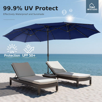 MFSTUDIO 15ft Double Sided Patio Umbrella with Solar Lights, Outdoor Large Umbrellas with Crank Handle and 36 LED Lights, Rectangular Market Umbrella with Base Included for Deck Pool Shade, Navy Blue