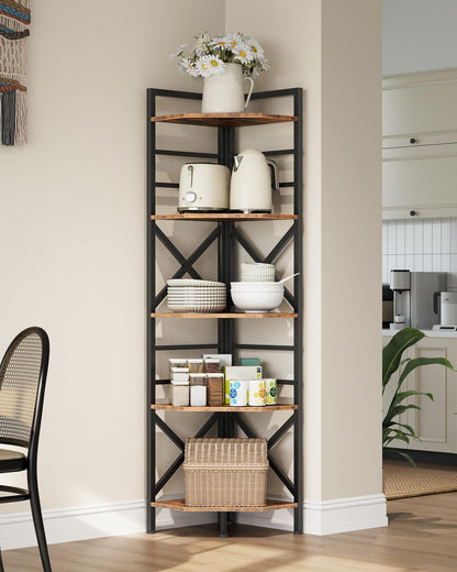 CHOEZON 69.3" Corner Shelf 5-Tier, Large Corner Shelving, Freestanding Storage Stand for Bedroom, Living Room, Kitchen, Industrial Engineered Wood Bookshelf Organizer, Rustic Brown and Black TCJ15BF
