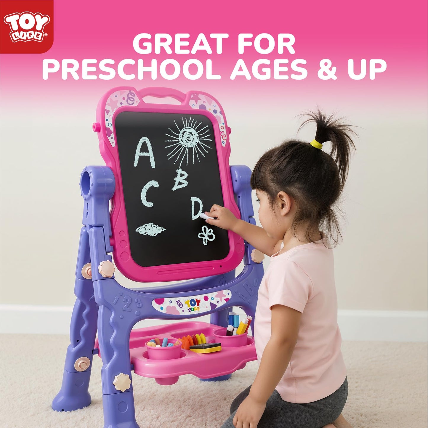 STEAM Life Art Easel for Kids, Double-Sided 4In1 Toddler Easel with Rotable Magnetic Chalkboard & White Drawing Board, Height Adjustable with Magnetic Letters & Numbers Gifts for Boys and Girls
