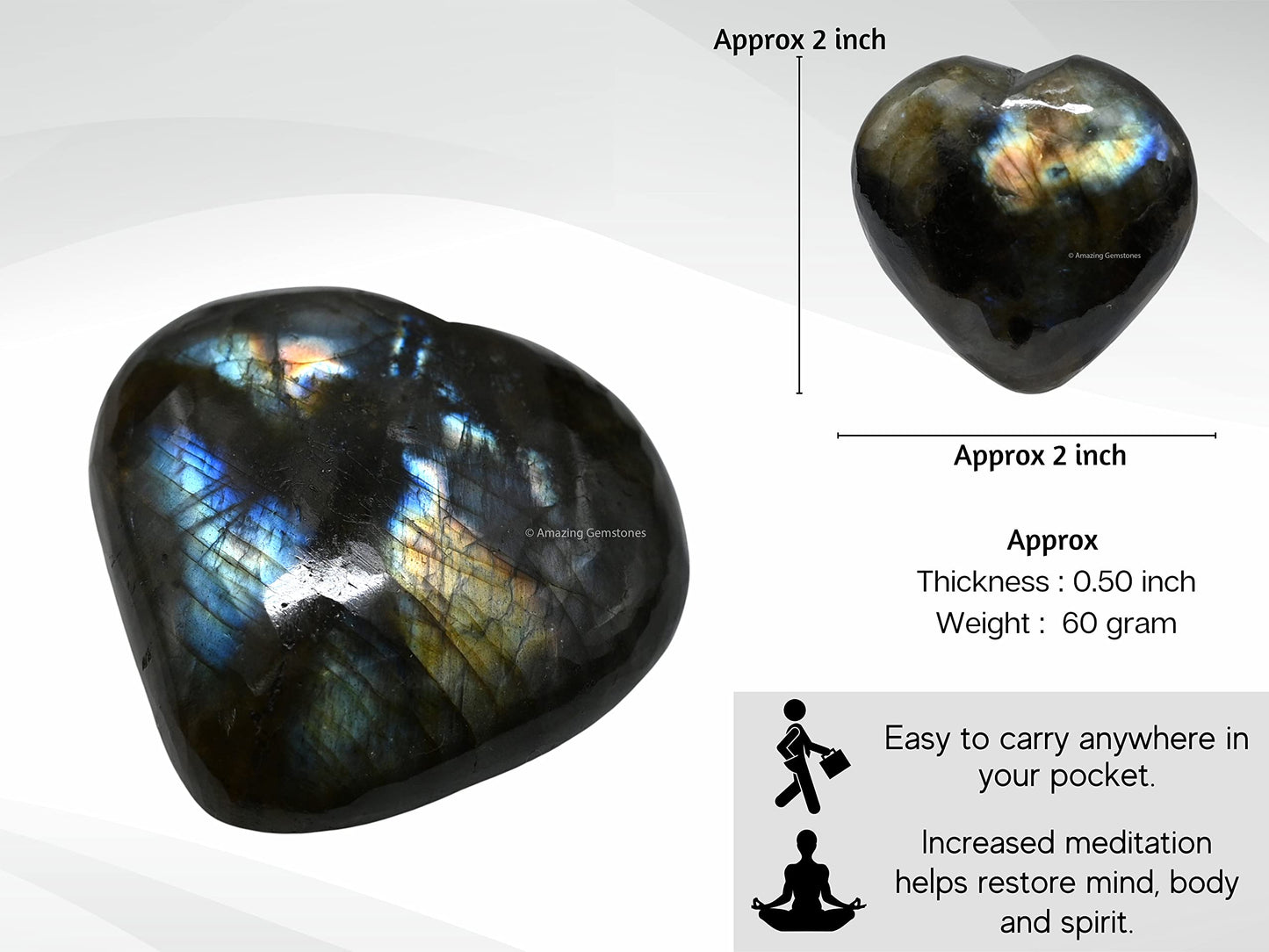 Amazing Gemstone Labradorite Crystal Heart Palm Stone - Pocket Massage Worry Stone for Natural Body Chakra Balancing, Reiki Healing and Crystal Grid