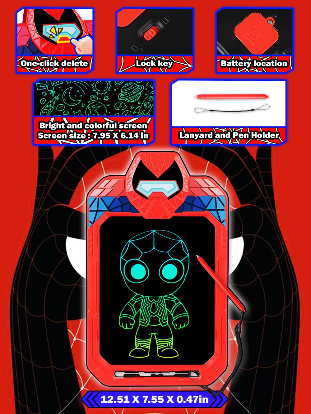 Fullware LCD Writing Tablet for Kids 10 Inch Spider Hero for Toddler 3 4 5 6 7 8 - Paint, Doodle Board, Drawing Pad - Travel Toys, Road Trip Car Activities, Birthday Christmas Gift Boys & Man