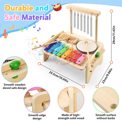 Kids Drum Set,Baby Musical Instrument for Toddler,Wooden Xylophone for Toddlers with Baby Drum Set and Wind Chime,Montessori Musical Instruments Toys for Kids,Musical Toys for Toddlers Birthday Gift