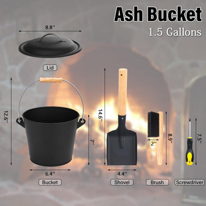 FEED GARDEN Fireplace Tools Set, 1.5 Gallon Mini Ash Bucket with Lid, Shovel, Heat-Resistant Brush & Screwdriver, Heavy Duty Galvanized Iron Ash Cleaning Tool Set, Compact 7.5" x 8.8" x 6.4”, Black