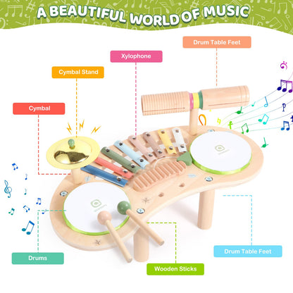 Asweets 7 in 1 Kids Drum Set for Toddlers Wooden Xylophone Musical Instruments Kit Play Set for Toddler Baby Drum Set Montessori Toys Sensory Toys Birthday Gifts for Girls Boys (Moon)