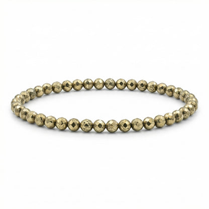 Angelstones Natural Pyrite Gemstone Small Beaded Stretch Bracelet, 4mm Faceted Round Beads, Crystal Healing Bracelet for Women