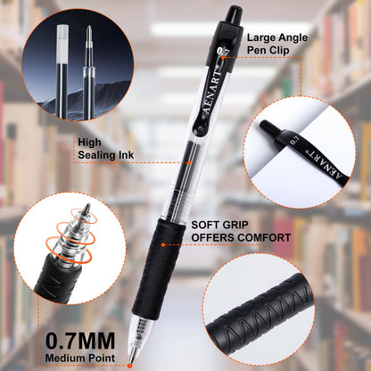 Aen Art Gel Pens Black 0.7mm Fine Point 30 Retractable Gel Ink Pens with Rubber Grip - Quick Dry Roller Pen for Writing, Office, School