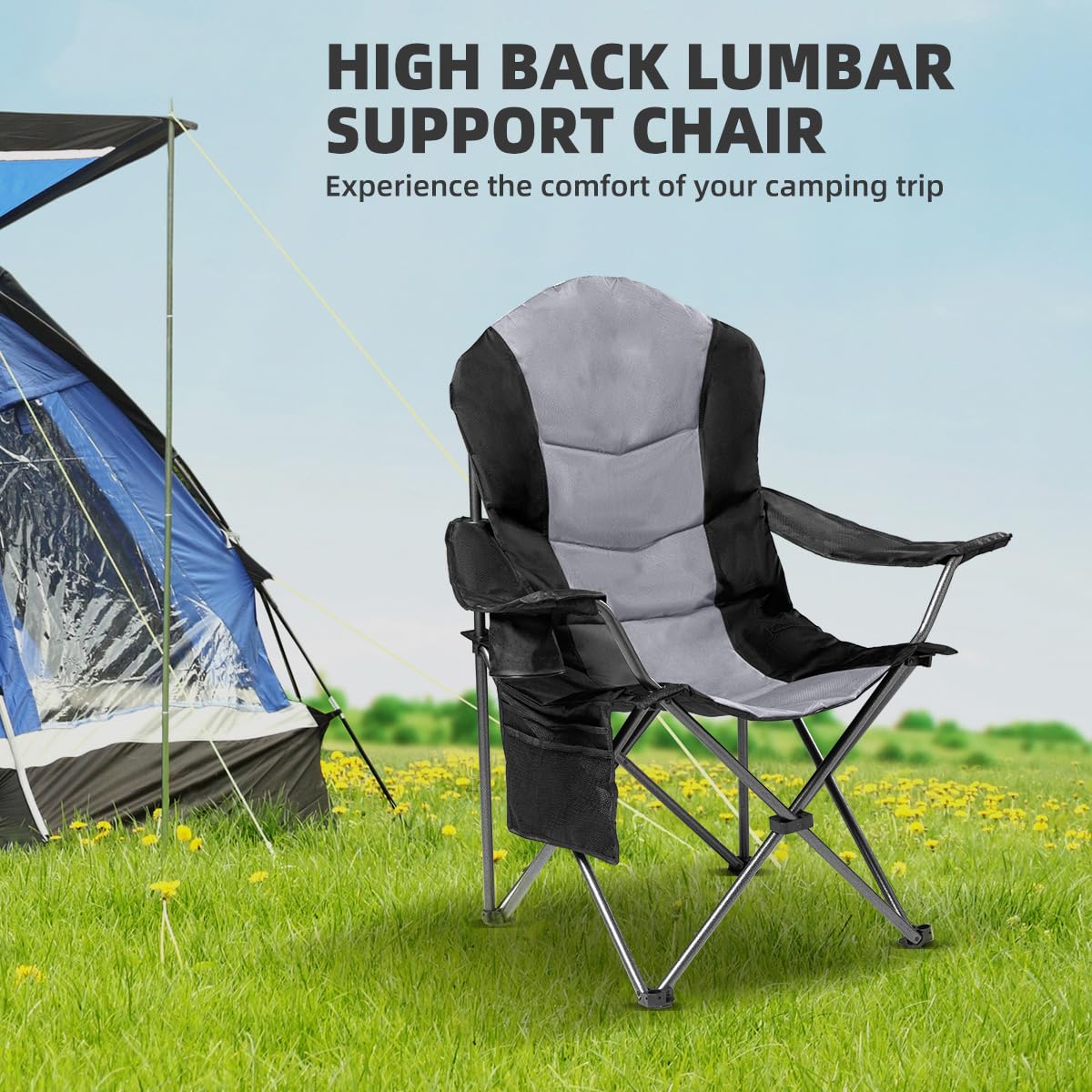 Foristrail 2 Pack Folding Camping Chairs for Adults - High Back Padded Outdoor Lawn Chairs with Lumbar Support & Cup Holder, 400lbs Heavy Duty Portable Camping Chairs Set (Black & Light Gray)