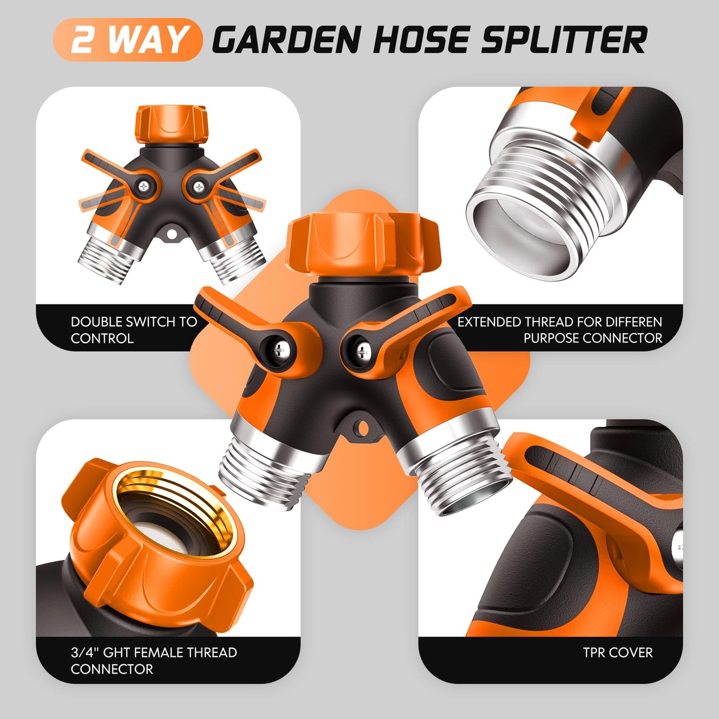 2 Way Garden Hose Splitter with Shut Off Valve,Water Spigot Splitter for 3/4" Hose Connector,Heavy Duty Metal Outdoor Faucet Splitter Y Connector for Hose,with 3 Leakproof Washers & 1 tape(2, Orange)