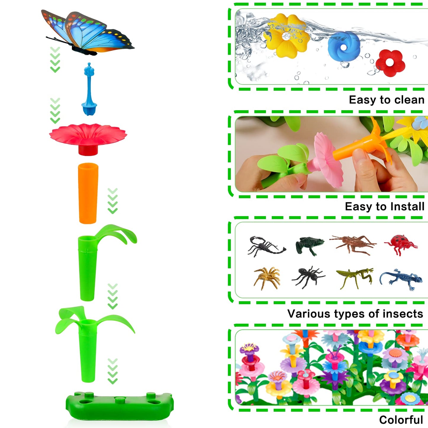 Birthday Toys Gifts for 2 3 4 5 6 Years Old Toddler Girls Boys, 156 PCS Insect Flower Garden Building Educational STEM Learning Pretend Play Gardening Set, Birthday Gifts for Preschool Kids Age 2+