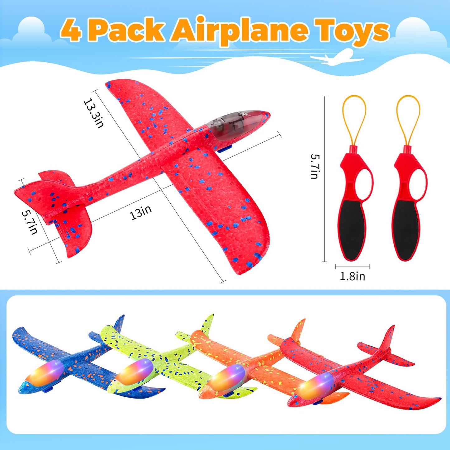 SpringFlower 4 Pack Airplane Flying Toys, 4 Throwing Foam Plane Toy for 3 4 5 6 7 8 Years Old Boys Kids, 2 Flight Modes LED Foam Glider Plane, Outdoor Flying Toy Birthday Gifts for for Boys & Girls