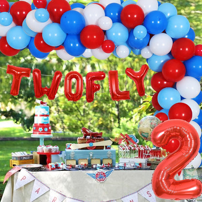 Two Fly Birthday Party Decorations, Airplane 2nd Birthday Decorations for Boys Girls - Blue and Red Balloon Garland, Airplane and Cloud Foil Balloons, Two Fly Letter Balloons