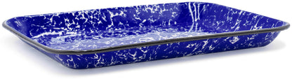 Red Co. 13.5” x 10” Enamelware Metal Classic 1.6-Quart Rectangular Serving Tray, Navy Blue Marble/Black Rim – Splatter Design