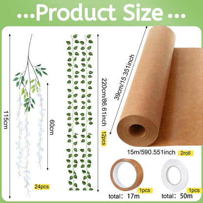 XunYee 3D Wisteria Tree Wall Decor for Room Classroom Ceiling Artificial Wisteria Hanging Flowers DIY Cardboard Paper Tree with Green Vine Kraft Paper Fairy Bulletin Board Decorations(White)