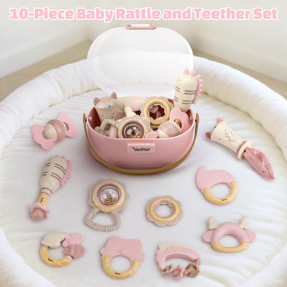 Baby Toys 0-6 Months, Baby Rattles, Teething Toys 3-6 Months, Infant Toys 6-12 Months, 10PCS Pink Sensory Rattles & Teethers with Storage Box, Newborn Shower Gift Girl