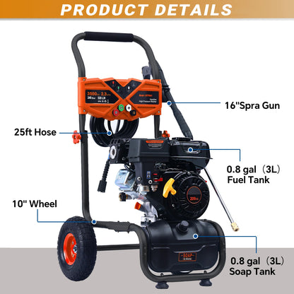 MUTAOMAY 3500PSI Gas Pressure Washer, 2.3GPM Gas Powered High Pressure Washer with 209CC Engine, 4 Adjustable Nozzles, 25 ft High Pressure Hose for Cleaning Walls, Terraces, Vehicles, Gardens (Orange)