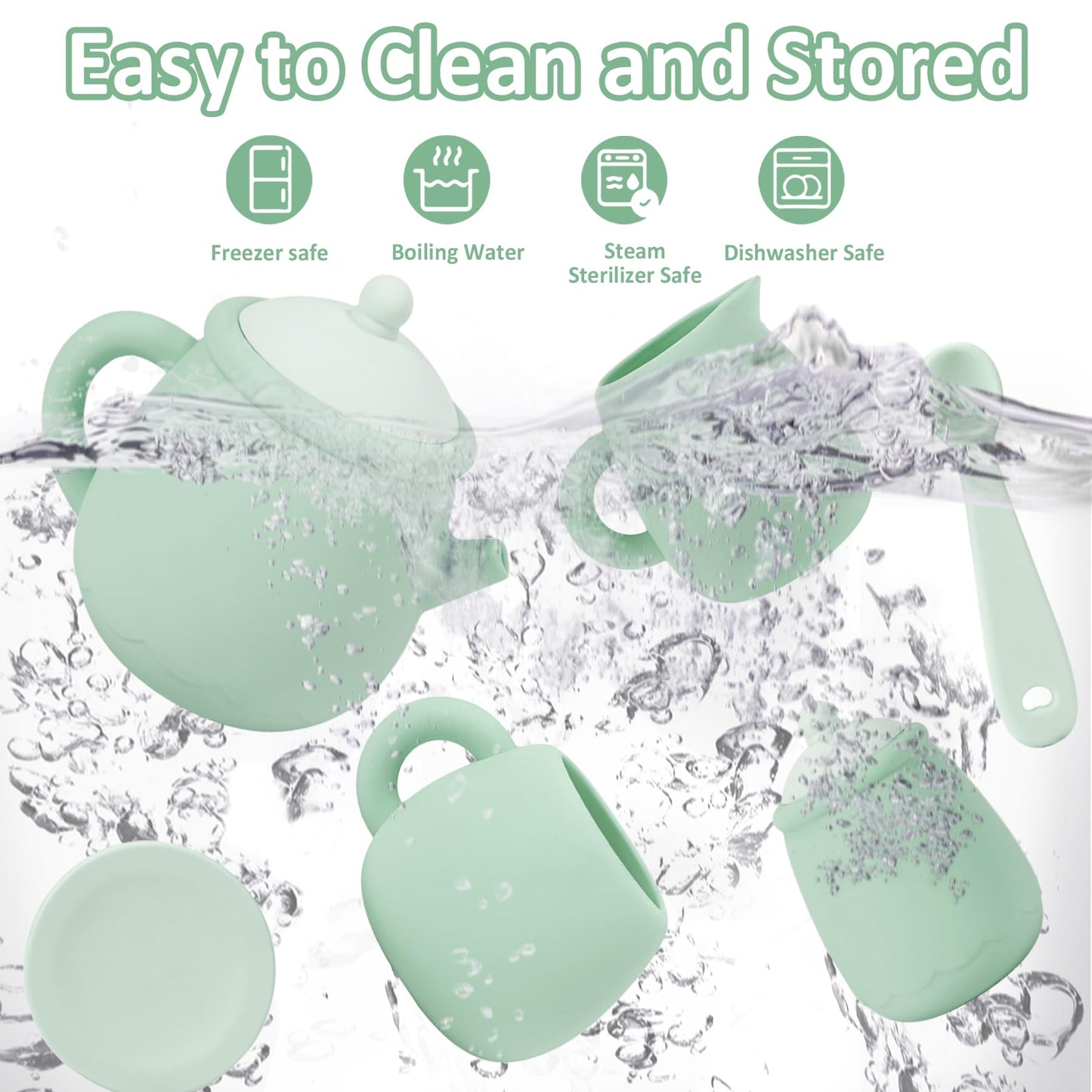 MCGMITT Silicone Tea Set, Tea Party Set for Little Girls Boys, 15 Pcs BPA Free Dishwasher Safe Pretend Tea Set for Toddlers Kids Age 3-6, Cute Toy Kitchen Accessories for Children Birthday Gifts