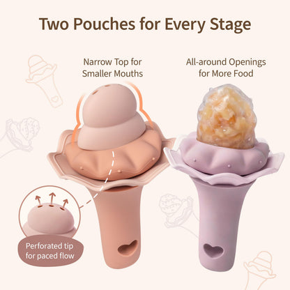 Moonkie Baby Fruit Feeder with Freezer Tray, BPA Free Silicone Food Feeder for Infant Self Feeding, Breastmilk Popsicle Molds, Mesh Feeder with Two Pouches, Baby Shower Gifts 4 Months+, 2 Pack