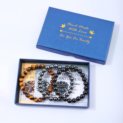 NCB 3-Piece 8mm Natural Crystal Gemstone Stretch Bracelets – ﻿Black Onyx, Hematite, Yellow Tiger's Eye Handmade Reiki Energy Healing Jewelry for Meditation,Yoga, Unisex