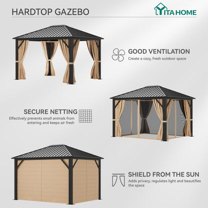 YITAHOME 10X12FT Hardtop Metal Gazebo Single Top Outdoor Patio Canopy Galvanized Iron Aluminum Column Garden Tent Curtains Netting for Backyards Decks Lawns,Brown