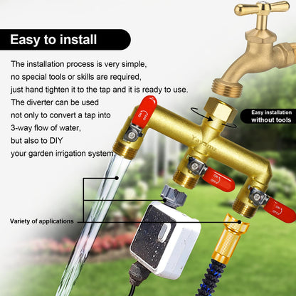 Heavy Duty Brass Garden Hose Splitter 3-Way,3/4" GHT Thread, High Flow Faucet Splitter, Water Hose T Spigot Splitter with Shut-off Valves,Water Adapter & Connector-Long Red Metal Handle