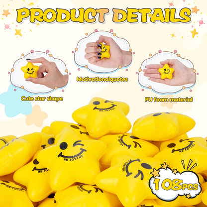 SHQDD Stress Balls, 108PCS Stress Balls for Kids & Adults - Mini Star Stress Balls Squeeze Toys, 2.16 Inch Cute Smiley Face Stress Relief Ball Bulk for Anxiety Fidget Sensory, Classroom Party Supplies