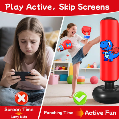 Inflatable Punching Bag for Kids: Qoosea 48 Inches Kids Bop Bag Boxing Gloves & Air Pump Dinosaur Toy Gift for Toddler & Kid Ages 3-8,Freestanding Punching Bag Easy to Inflate,Durable Safe Boxing Bag