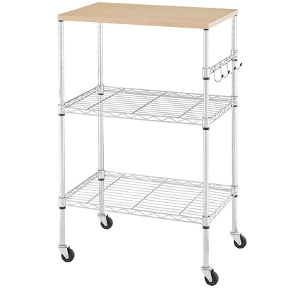 BolDuck 450Lbs Capacity Microwave Cart with Wheels, 3 Tier Rolling Cart with Adjustable Shelves, Multifunctional Metal Utility Storage Kitchen Carts on Wheels, 23.6" L*15.7" W*37" H, Wood+Chrome