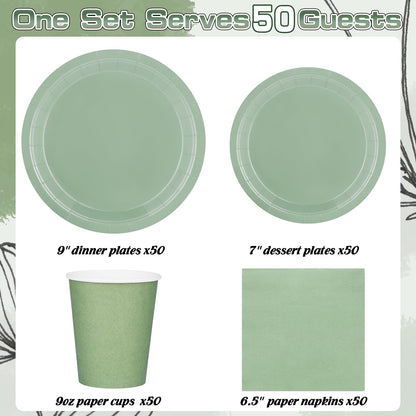 TWOWYHI 200PCS Party Supplies Paper Plates Set for Party with 50Guests 7"and 9" Disposable Plates Napkins Cups for Birthday Bridal Shower Wedding Parties Sage Green
